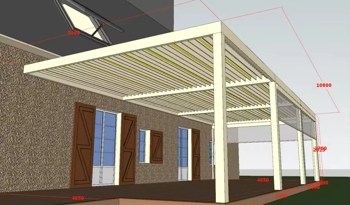 Rendu 3D de la pergola vue de l’angle avant droit, structure crème à trois modules, volets bois de la maison en arrière-plan et cotes 10 800, 4 850 et 2 700 mm.