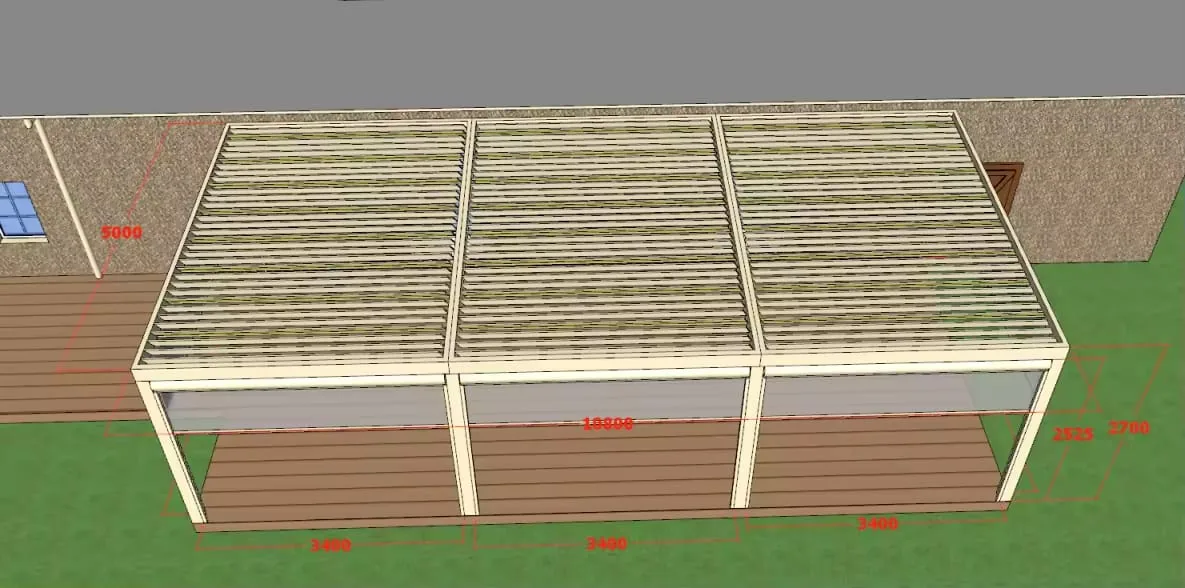 Rendu 3D d’une pergola bioclimatique claire à trois travées de 3 400 mm adossée à une maison, terrasse en lames bois, cotes du projet affichées en rouge.