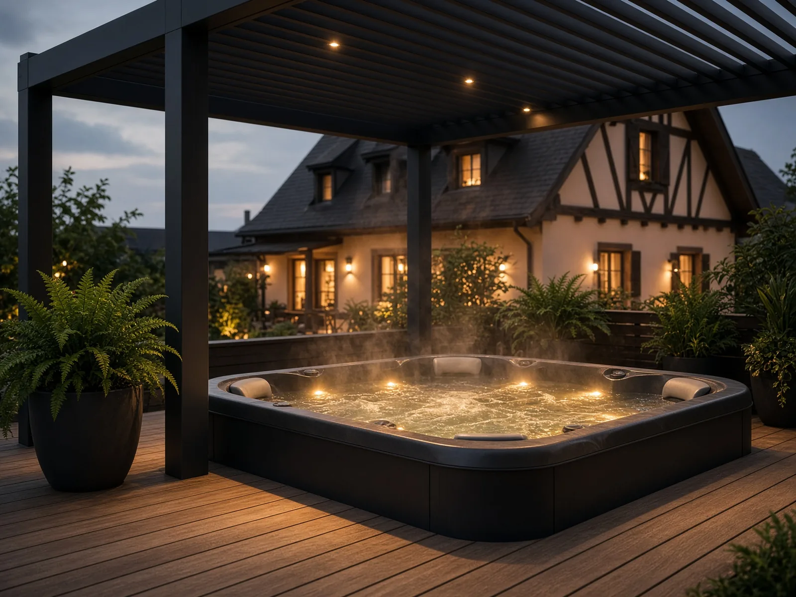 Spa carré gris foncé sur une terrasse en bois, vapeur visible, sous une pergola bioclimatique éclairée au crépuscule.